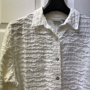 Vintage Chicos Women's Size 2 Button Up Top Shirt White Embroidered Stripes Boho